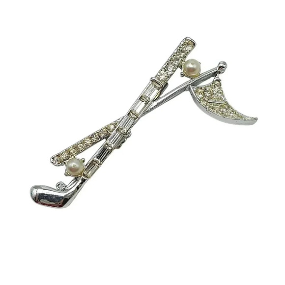 Faux Pearl Clear Rhinestone Crystal Golf Club Flag Ball Brooch Pin Vintage - Picture 1 of 5